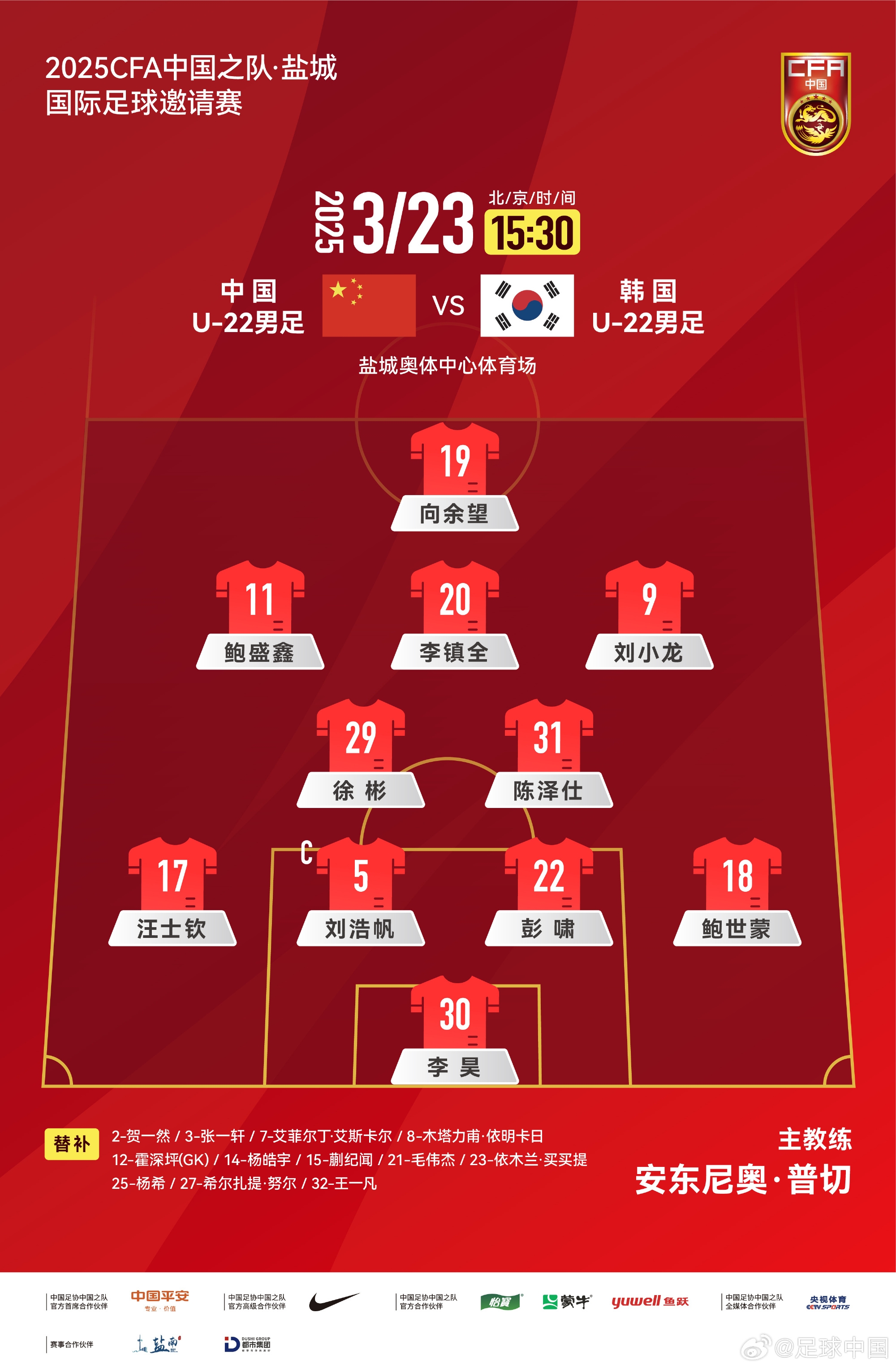 鹽城四國賽，中國U-22男足對(duì)陣韓國U-22男足，中國隊(duì)首發(fā)陣容